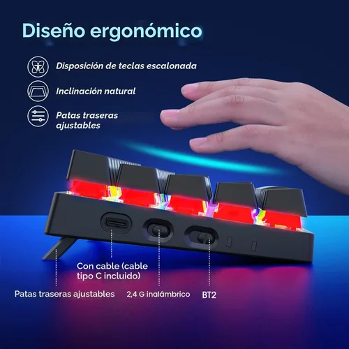 Vista 7 de Pauroty 60% Teclado mecánico inalámbrico, teclado de juego de triple modo 2.4G/USB-C/Bluetooth, retroiluminación RGB, interruptor azul clicky