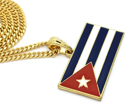Vista 4 de Collar de cadena de 21 de la bandera de Cuba con colgante de 24 pulgadas color dorado plateado