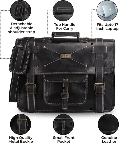 Vista 5 de Spacious Leather Laptop Briefcase for Men - Everyday Handmade Messenger Bag for 17 Inch Laptops