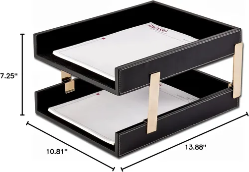 Vista 2 de DACASSO Bandeja de cuero doble para escritorio, soporte para cartas de lujo y organizador de papel para escritorio, organización de oficina