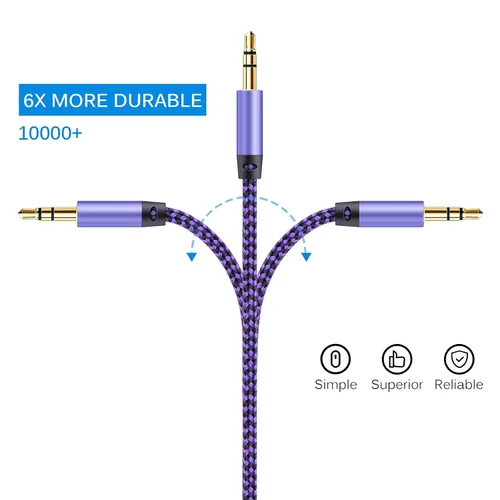 Vista 3 de AILKIN Cable AUX para automóvil, paquete de 2 cables de audio auxiliar de 0.138 in, acordes auxiliares estéreo trenzados compatibles