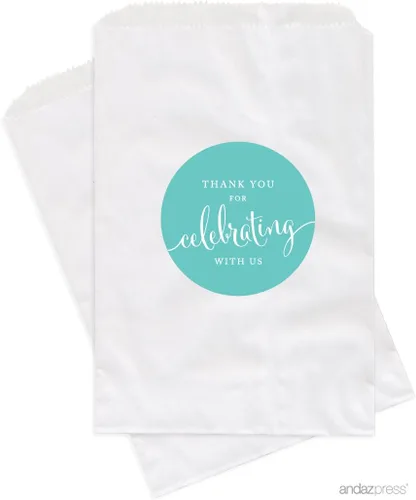 Vista 4 de Andaz Press Bolsas de regalo personalizadas para mesa de postre, agradecimiento por celebrar con nosotros, aguamarina, paquete de 24, personalizadas