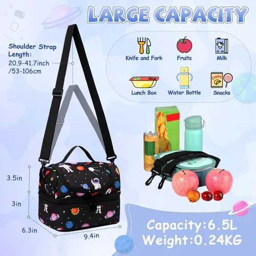 Vista 2 de Chase Chic Bolsa de almuerzo para niños, astronauta negro, poliéster, ligera, bien organizada, a prueba de fugas, 9.4x6.3x6.7 in