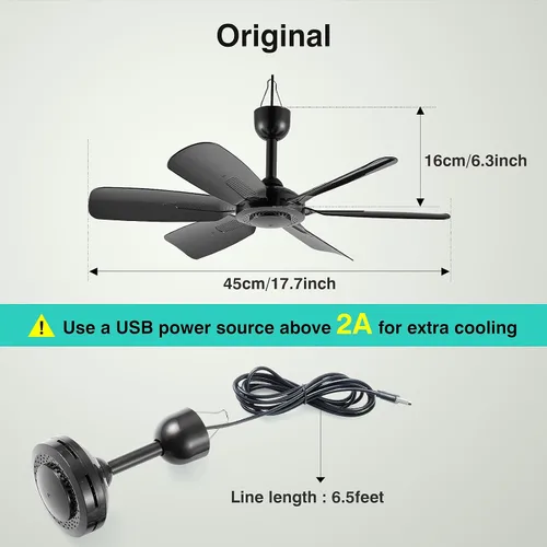 Vista 2 de Ventilador colgante pequeño USB portátil de 17.7 pulgadas con 6 cuchillas, uso en interiores y exteriores, para caravana, campamento y toldo, Negro