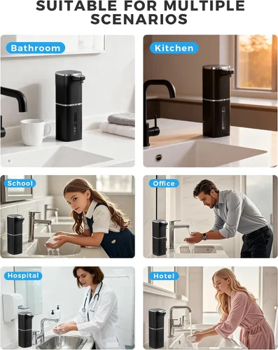 Vista 9 de Dispensador automático de jabón espumoso sin contacto, dispensador de jabón de manos inteligente recargable por USB, 9 niveles ajustables, 13.5 Negro