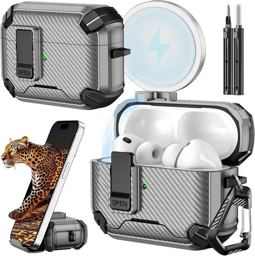 Vista 19 de Inesore Funda para AirPods Pro 1ª/2ª con bloqueo seguro (verde oscuro) Cubierta magnética de bloqueo automático con soporte para teléfono y kit