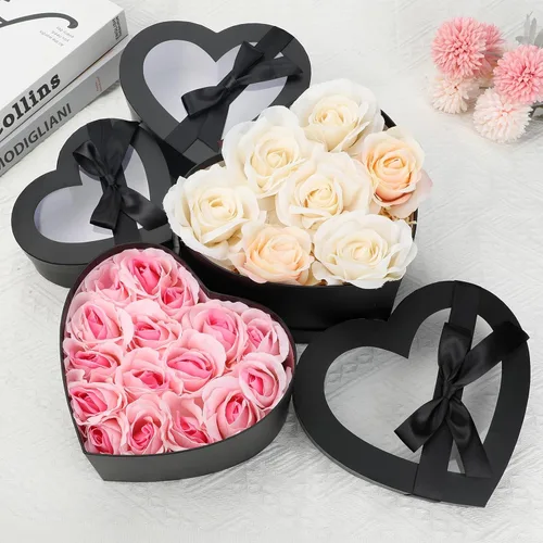 Vista 5 de Cajas negras en forma de corazón para arreglos florales, cajas de corazón para flores, juego de 4 cajas de regalo anidables con tapas transparentes