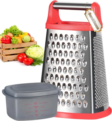 Vista 13 de Ourokhome Rallador de queso, rallador de caja de mano con recipiente y tapa, acero inoxidable de 4 lados para cocina, juliena ondulada, rebanadora
