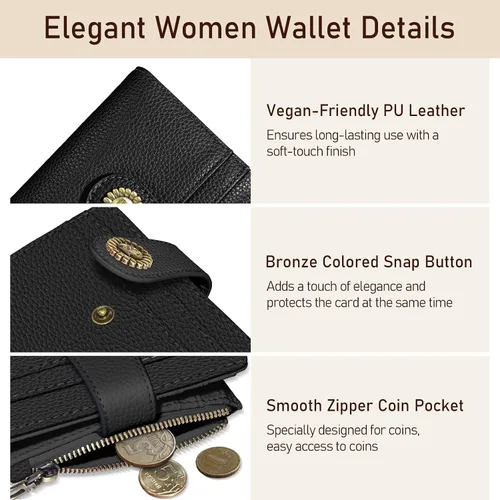 Vista 6 de Kelvoris Cartera pequeña Rfid para mujer, plegable, con cremallera, bolsillo para monedas, piel sintética, compacto, para tarjetas de crédito