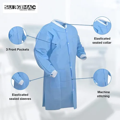 Vista 6 de Abrigos de laboratorio desechables, hasta la rodilla, vestidos desechables SMS, abrigo de laboratorio de química unisex, bata médica desechable
