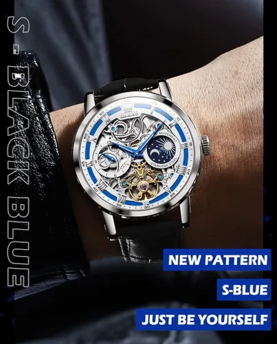 Vista 2 de OLEVS Relojes automáticos para hombre, esqueleto Tourbillon, cuerda automática, mecánica, correa de cuero auténtico, reloj de pulsera de lujo, sol