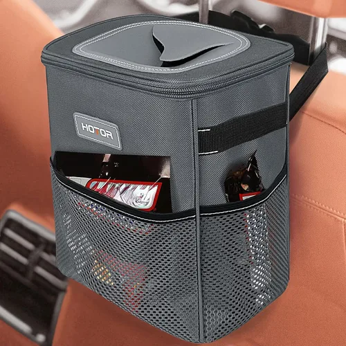 Vista 20 de HOTOR - Organizador de auto con tapa y bolsillos de almacenamiento, 100 % a prueba de fugas, resistente al agua, cubo de basura para autos Negro