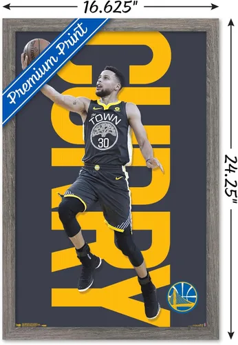 Vista 3 de Trends International NBA Golden State Warriors - Póster de pared de Stephen Curry 18, 14.725 x 22.375 pulgadas, versión enmarcada de madera