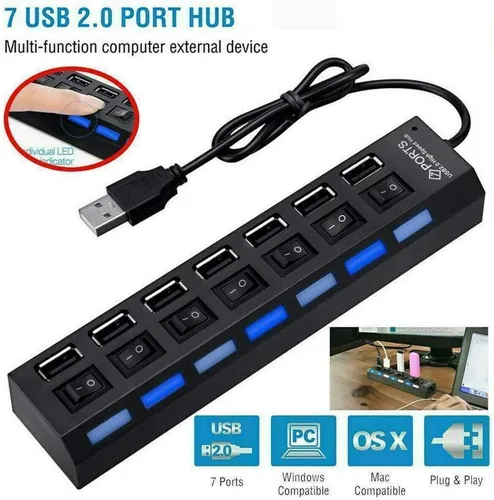 Vista 5 de Concentrador USB 2.0 de 7 puertos, extensor USB con interruptores LED individuales de encendido/apagado, protección contra sobrecorriente, Plug and