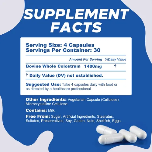 Vista 2 de Cápsulas de calostro bovino orgánico, suplemento de calostro de 1400 mg en polvo para apoyo inmunológico e intestinal, apoyo energético, salud
