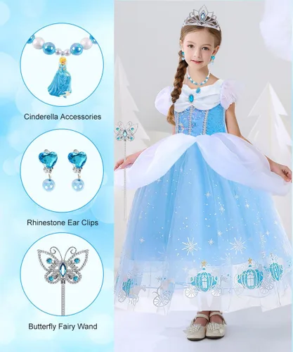 Vista 3 de TOLOYE Princess Costumes for Girls, Cinderella Dress Up Clothes with Accessories for Birthday Party Halloween Cosplay