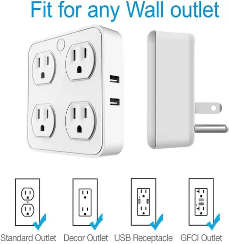 Vista 2 de Enchufe inteligente de pared inalámbrico, protector de sobretensiones, extensor de 4 salidas con 4 puertos de carga USB, compatible con Alexa Google