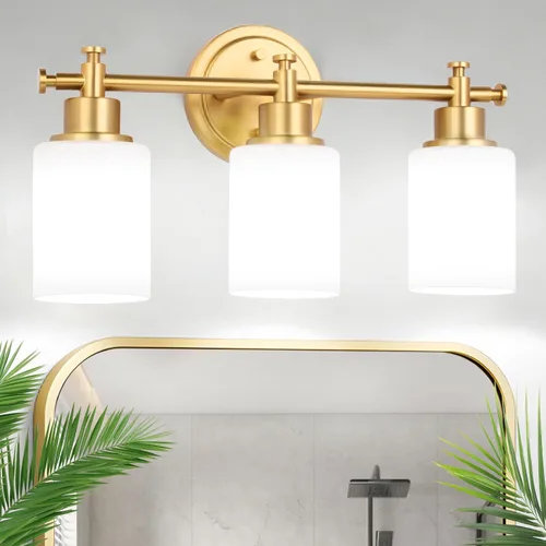 Vista 12 de Lámparas de baño negras de 3 luces, modernas luces de tocador sobre el espejo, apliques de pared de baño con pantalla de vidrio blanco, enchufe E26