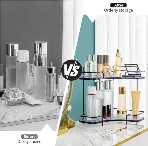Vista 2 de Seoneiro Organizador de esquina de 2 niveles para encimera de baño, organizador cosmético para el cuidado de la piel, bandeja de perfume