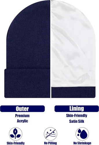 Vista 5 de Gorro de invierno con forro de satén de seda, gorro de calavera liso con puños, gorro de reloj de punto, gorro cálido de invierno para mujeres