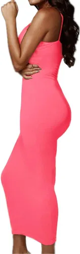 Vista 2 de Primoda - Vestido atractivo color neón, asimétrico y con tirantes delgados para mujer, de cuello en V pronunciado, sin mangas, entallado y largo