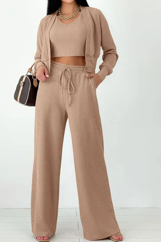 Vista 9 de PRETTYGARDEN Trajes de 3 piezas para mujer, conjuntos a juego, cárdigan de punto acanalado, camisetas sin mangas, pantalones de pierna ancha