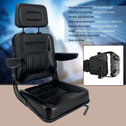 Vista 3 de Asiento de suspensión universal para tractor, asiento de carretilla elevadora ajustable de 6/5.906 in con pista deslizante, reposabrazos