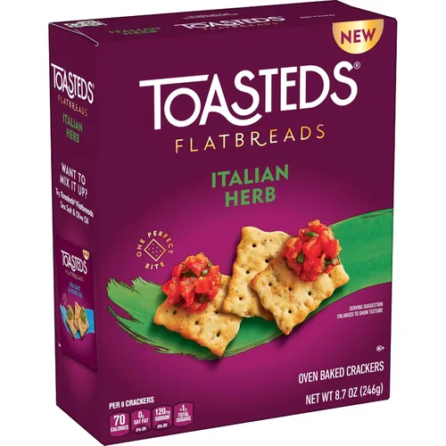 Vista 8 de Toasteds Galletas de pan plano, aperitivos para el almuerzo, aperitivos de fiesta, hierbas italianas (12 cajas)