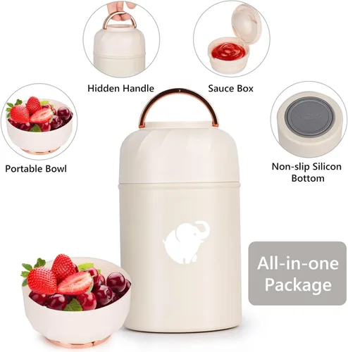 Vista 9 de HOUSETEC Termo para comida caliente – Contenedor de alimentos aislado con tenedor y cuchara plegable, termo de alimentos a prueba de fugas, termo