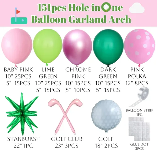 Vista 8 de Kit de arco de guirnalda de globos con agujero en uno para el primer Enana - 153 globos de color rosa y verde con palos de golf de estrellas