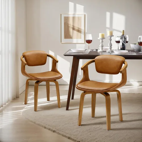 Vista 16 de Zouron Silla de escritorio sin ruedas, moderna silla de oficina de madera, silla de cuero sintético con brazo para sala de estar, dormitorio