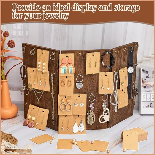 Vista 3 de 101 piezas de soporte plegable de madera para joyas, 48 ganchos, exhibición de aretes para vender tarjetas de exhibición de aretes, 3 paneles