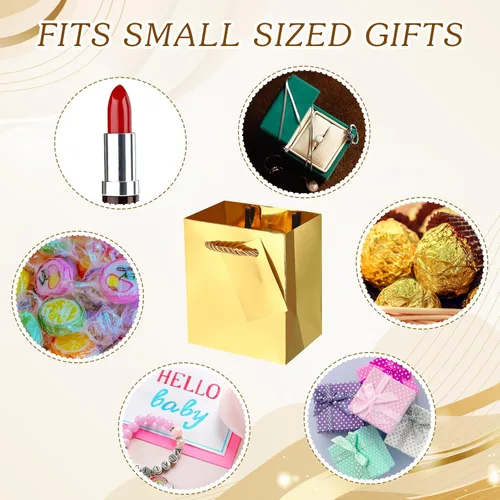 Vista 6 de Nuanchu 50 mini bolsas de regalo a granel, 4 bolsas de papel de 2.75 x 4.5 pulgadas con etiquetas de regalo, bolsas de papel metálico extra pequeñas