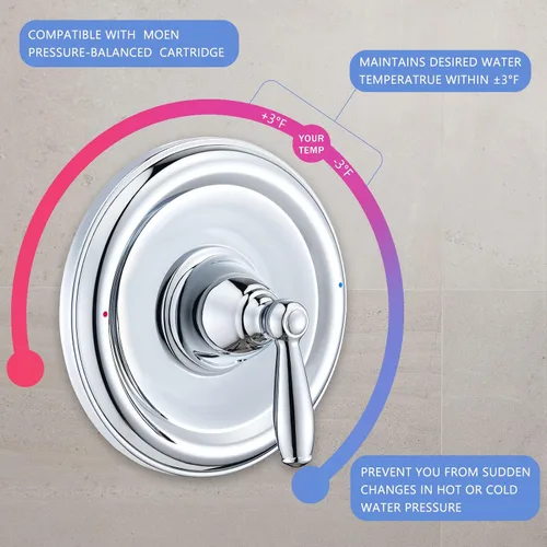 Vista 5 de Kit de accesorios para bañera y ducha con equilibrio de presión, compatible con válvula Moen Posi-Temp, cromado