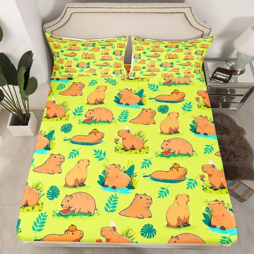 Vista 10 de jejeloiu Capybaras - Juego de sábanas de tamaño individual para amantes de los animales, para niños y niñas, lindas sábanas decorativas de Capybara