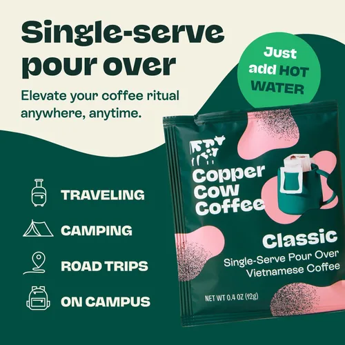 Vista 5 de Copper Cow Coffee Café vietnamita premium para verter sobre una sola porción Paquete variado de Best Brews (incluye 5 cafés), negro clásico