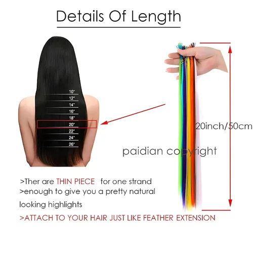 Vista 8 de Extensiones de cabello arcoíris, 100 unidades de rayas de cabello de colores para niñas y mujeres, extensiones sintéticas rectas de 20 pulgadas