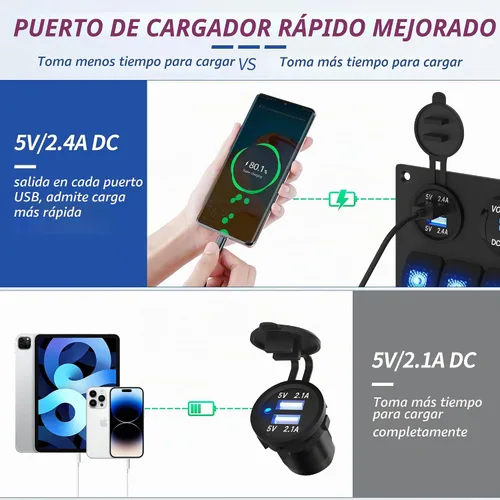 Vista 4 de RVMARINEPAT - Panel de interruptores marinos impermeable de 12 voltios, 5 mandos, interruptor basculante azul con luz, con doble toma USB de 4,8 A