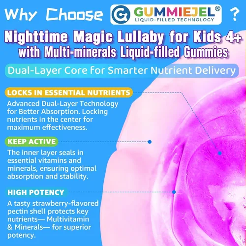 Vista 8 de Gomitas para dormir con magnesio + azafrán para niños, gomitas relajantes rellenas, calcio y zinc, minerales + multivitamínicos, sin melatonina