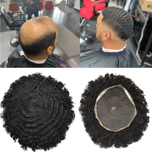Vista 10 de Afro Toupee Full French Lace Man Weave Unidad de cabello 100% virgen humano rizado rizado unidades de repuesto para hombres negros, 8 x 10 pulgadas