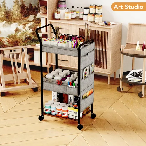 Vista 8 de BBLIKE Organizador de pañales de 3 niveles – Carrito de bebé utilitario rodante con cesta y bolsillos laterales para guardería y artículos