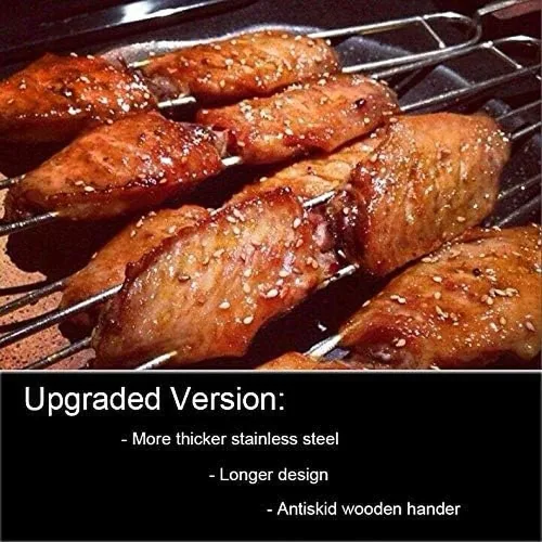 Vista 6 de IMEEA Brochetas dobles para asar brochetas gruesas de acero inoxidable con mango de madera, 16.5 pulgadas