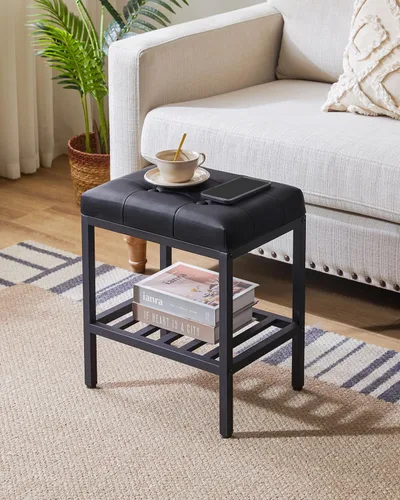 Vista 8 de IBUYKE Taburete de maquillaje rectangular con pies ajustables y espacio de almacenamiento, silla reposapiés, asiento de tocador de PU, multiusos