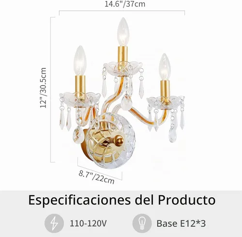 Vista 2 de WUZUPS Apliques de pared de 3 luces para dormitorio, sala de estar, baño, base E12, dorado
