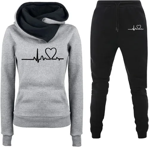 Vista 2 de Womens 2 Piece Outfit Long Sleeve Hoodies and Joggers Drawstring Sweatpants Solid Cute Print Pullover with Pocket