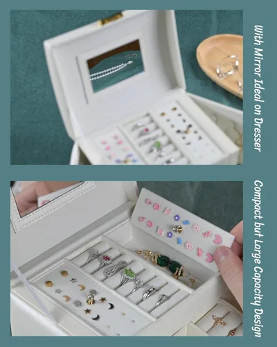 Vista 3 de GDJMLai Joyero para mujer, organizador de joyas con cerradura, caja de anillos con espejo, organizador de collares, artículos esenciales de viaje