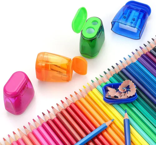 Vista 7 de Paquete de 4 sacapuntas manuales de doble agujero con tapa para niños, escuela, oficina, hogar (azul, verde, naranja, rosa)