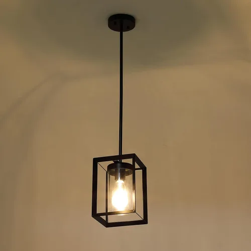 Vista 7 de Paquete de 1 lámpara colgante de isla de cocina negra de granja, altura ajustable, barra de metal colgante moderna con jaula de metal, pantalla