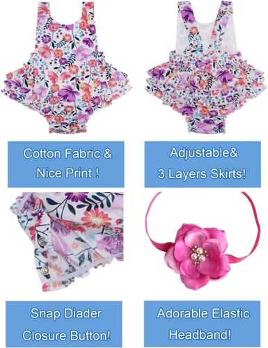 Vista 4 de Mameluco de verano con diseño floral y volantes para niña bebé, con diadema