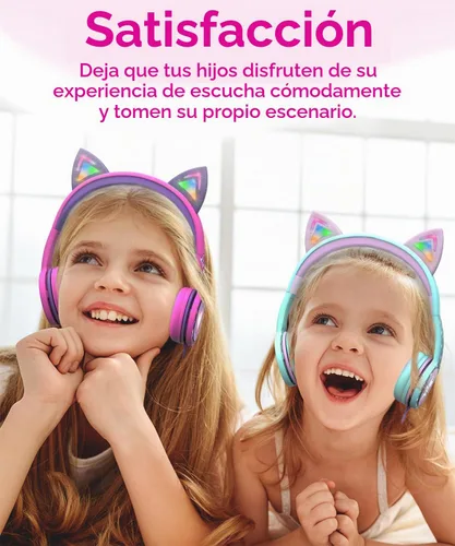 Vista 7 de FosPower Audífonos para niños con orejas de gato LED (límite de volumen seguro de 85dB), audífonos con cable suave de 3.5mm con orejeras y cables